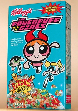 A limited-edition box of <i>Powerpuff Girls</i> cereal, available in supermarkets nationwide.